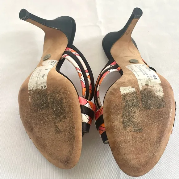 Emilio Pucci Slides, satin fabric print on black, 3 3/4” heel, Sz7 w/Pucci tote!