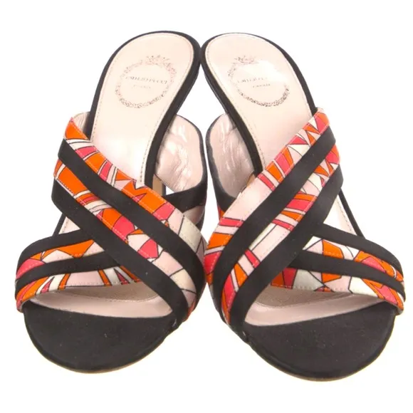Emilio Pucci Slides, satin fabric print on black, 3 3/4” heel, Sz7 w/Pucci tote!