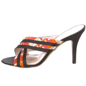 Emilio Pucci Slides, satin fabric print on black, 3 3/4” heel, Sz7 w/Pucci tote!
