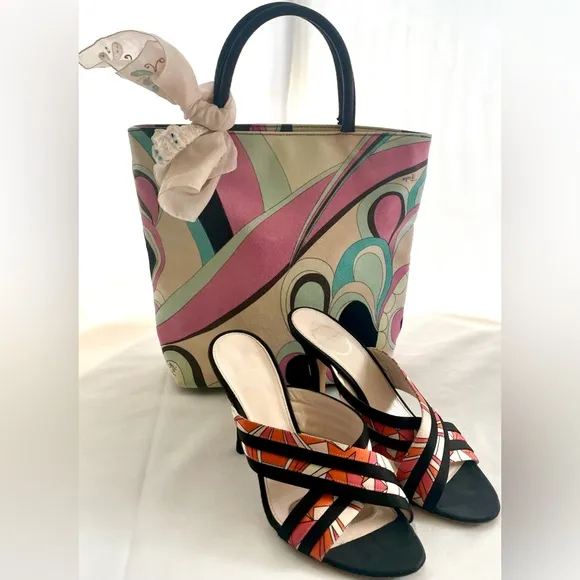 Emilio Pucci Slides, satin fabric print on black, 3 3/4” heel, Sz7 w/Pucci tote!