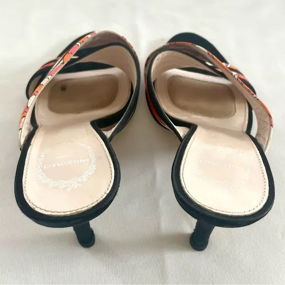 Emilio Pucci Slides, satin fabric print on black, 3 3/4” heel, Sz7 w/Pucci tote!