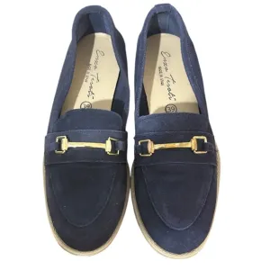 Enzo Tesoti Leather Suede Low Heel Loafer Sz 8.5 US (39 EU) Navy w/ Gold Accent