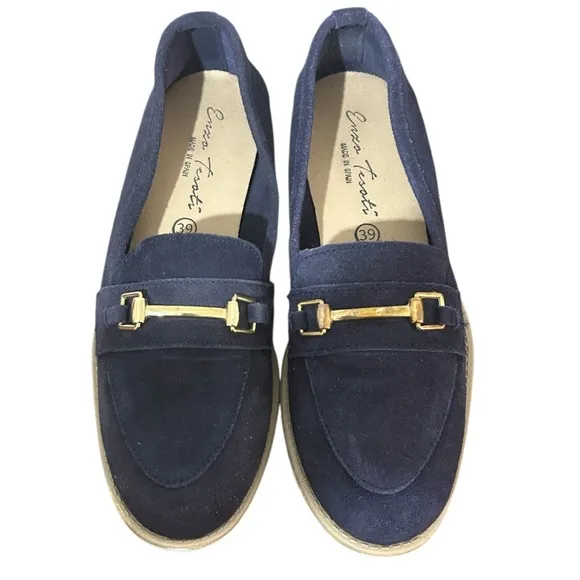 Enzo Tesoti Leather Suede Low Heel Loafer Sz 8.5 US (39 EU) Navy w/ Gold Accent