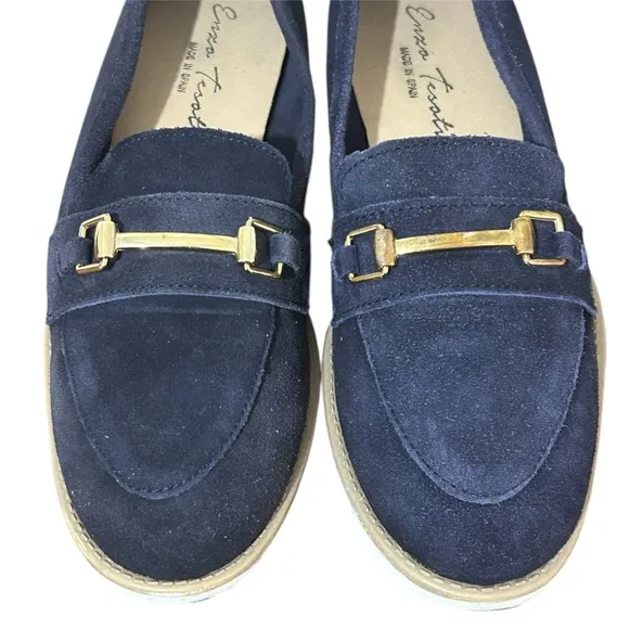 Enzo Tesoti Leather Suede Low Heel Loafer Sz 8.5 US (39 EU) Navy w/ Gold Accent