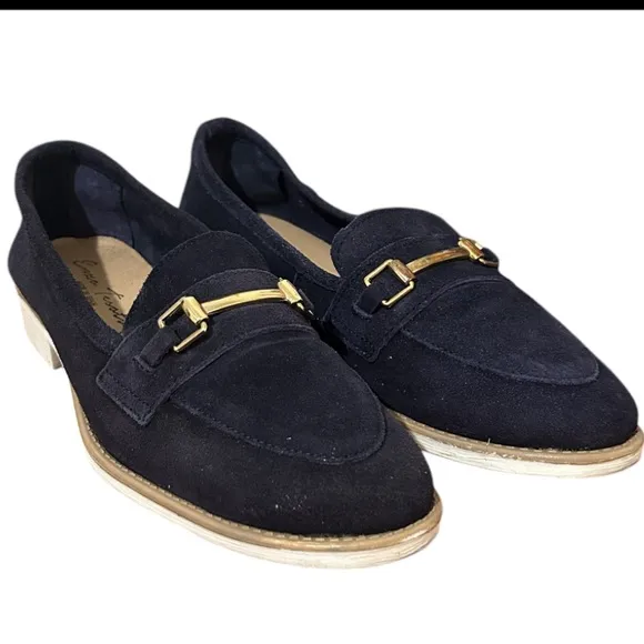 Enzo Tesoti Leather Suede Low Heel Loafer Sz 8.5 US (39 EU) Navy w/ Gold Accent