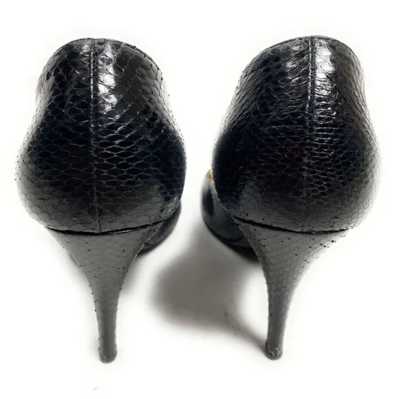 Escada Black Leather Snake Pumps 3.5&quot; Heels Shoes Size 38