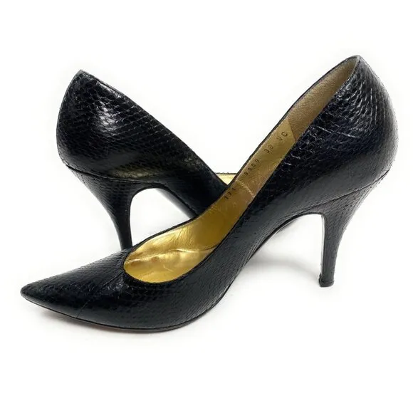 Escada Black Leather Snake Pumps 3.5&quot; Heels Shoes Size 38