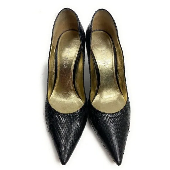 Escada Black Leather Snake Pumps 3.5&quot; Heels Shoes Size 38