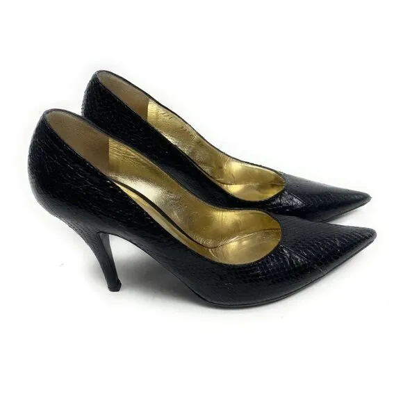 Escada Black Leather Snake Pumps 3.5&quot; Heels Shoes Size 38