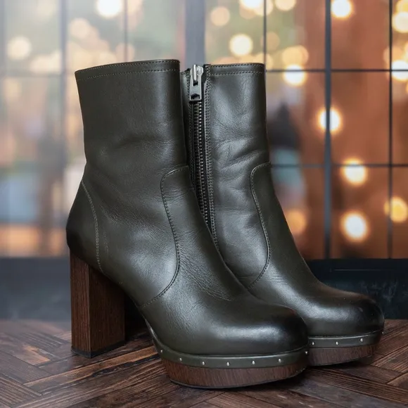 EUC All Saints Thea Leather Zip Platform Ankle Boots, Green, Size US 8 / EU 38