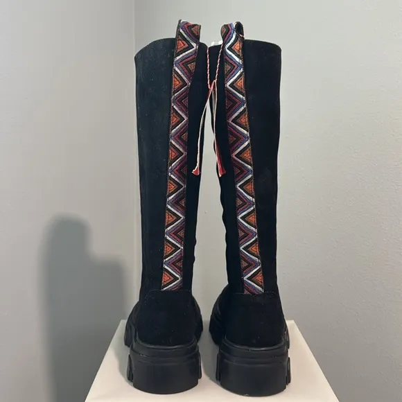 FARM Rio Black Tall Suede Lug Sole Boots with Embroidery