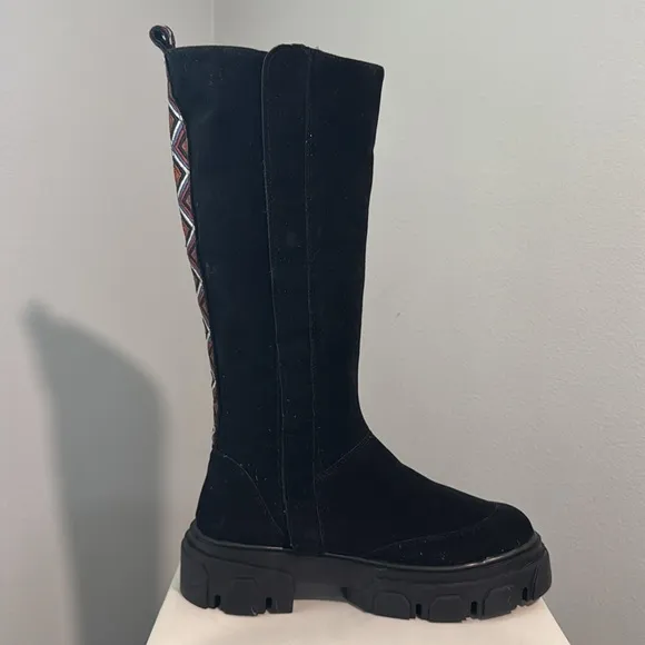 FARM Rio Black Tall Suede Lug Sole Boots with Embroidery