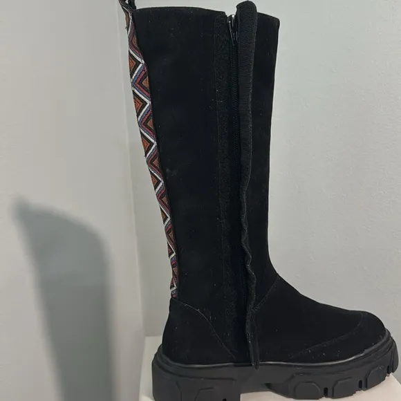 FARM Rio Black Tall Suede Lug Sole Boots with Embroidery