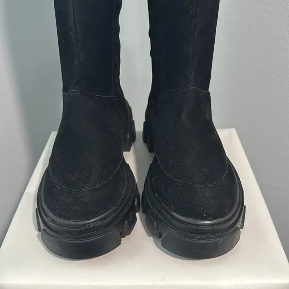 FARM Rio Black Tall Suede Lug Sole Boots with Embroidery