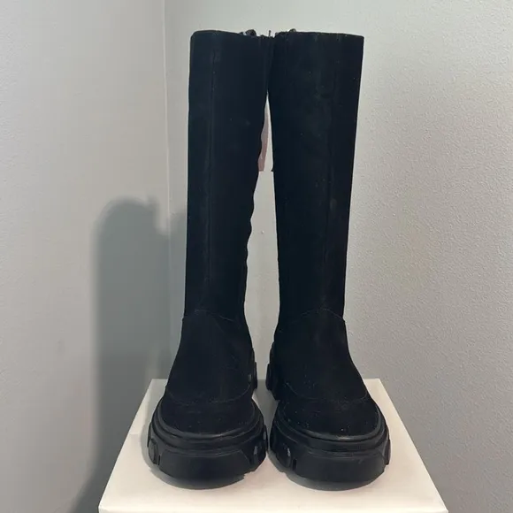 FARM Rio Black Tall Suede Lug Sole Boots with Embroidery