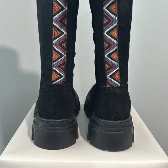 FARM Rio Black Tall Suede Lug Sole Boots with Embroidery