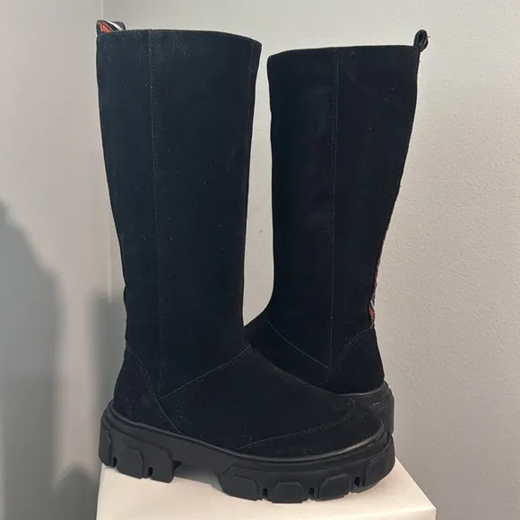 FARM Rio Black Tall Suede Lug Sole Boots with Embroidery