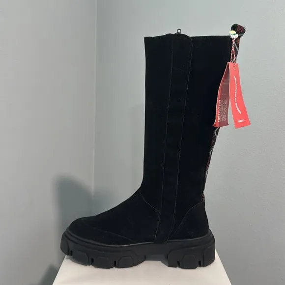 FARM Rio Black Tall Suede Lug Sole Boots with Embroidery