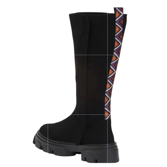 FARM Rio Black Tall Suede Lug Sole Boots with Embroidery