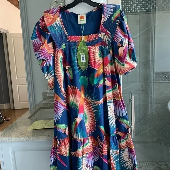 Farm Rio Navy Colorful Toucans Printed Midi Dress