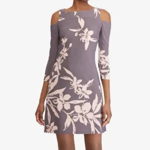 Floral Dress Cut Out Shoulder Gray Blush Rose Pink Flowers Midi Party Size 6