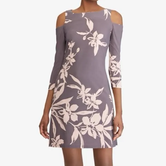 Floral Dress Cut Out Shoulder Gray Blush Rose Pink Flowers Midi Party Size 6