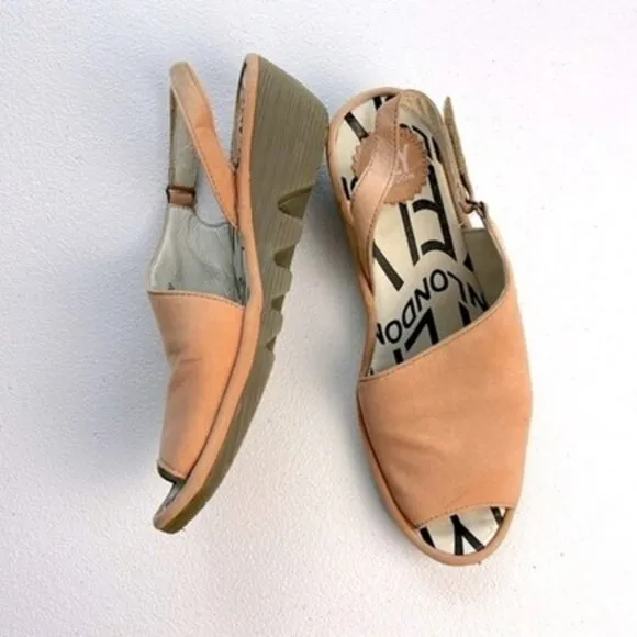 Fly London Palp Leather Slingback Sandals Low Wedge Heel Rose Pink 7-7.5