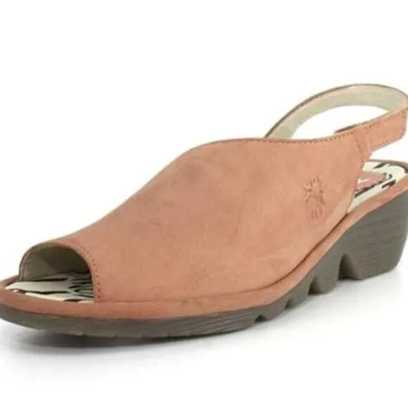 Fly London Palp Leather Slingback Sandals Low Wedge Heel Rose Pink 7-7.5