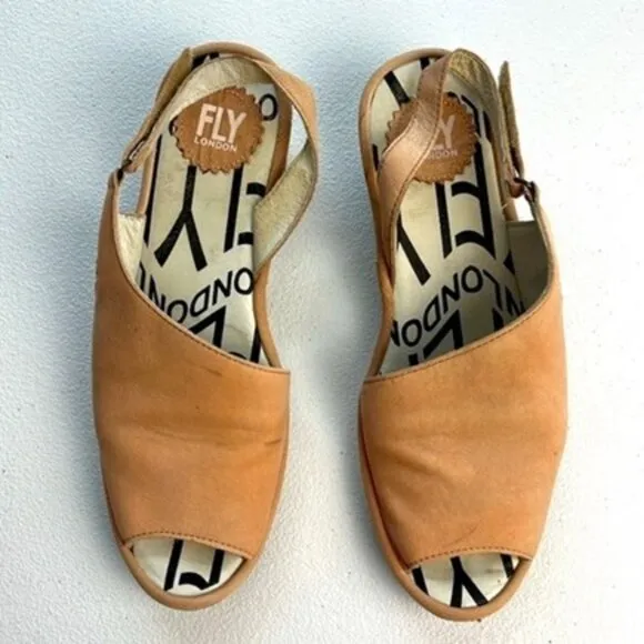 Fly London Palp Leather Slingback Sandals Low Wedge Heel Rose Pink 7-7.5