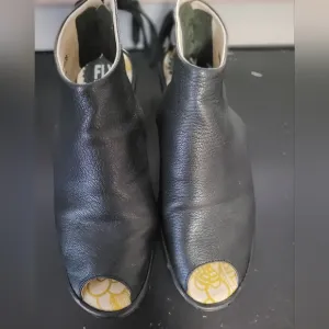 Fly London Soft Black Leather Peep Toe Shoes