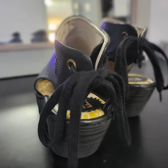 Fly London Soft Black Leather Peep Toe Shoes