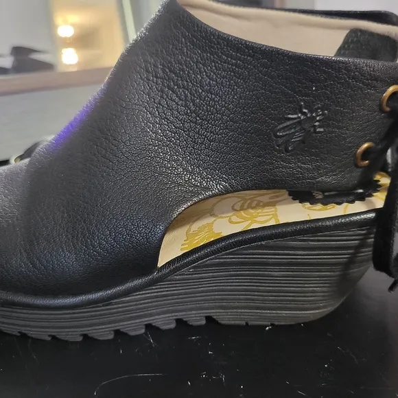Fly London Soft Black Leather Peep Toe Shoes