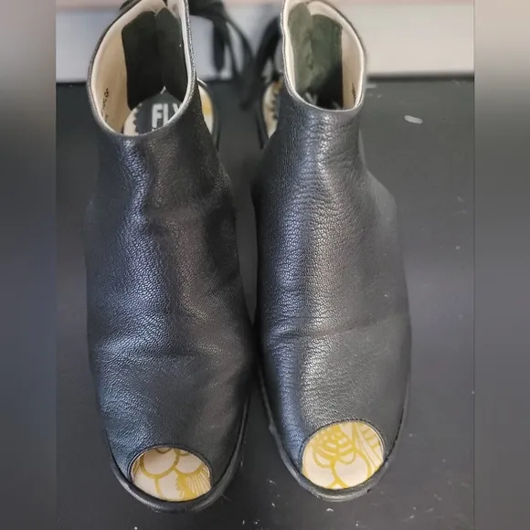 Fly London Soft Black Leather Peep Toe Shoes