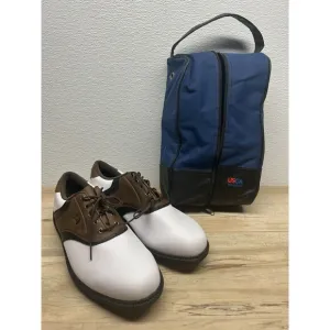 FootJoy Mens Golf Shoes White Brown Size 11.5 W Extra Soft Spikes Carry Bag Tool
