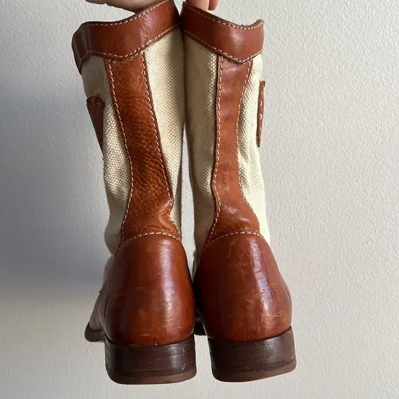 Frye Boots Melissa Canvas Short Pull On Beige Brown Leather Size 5.5