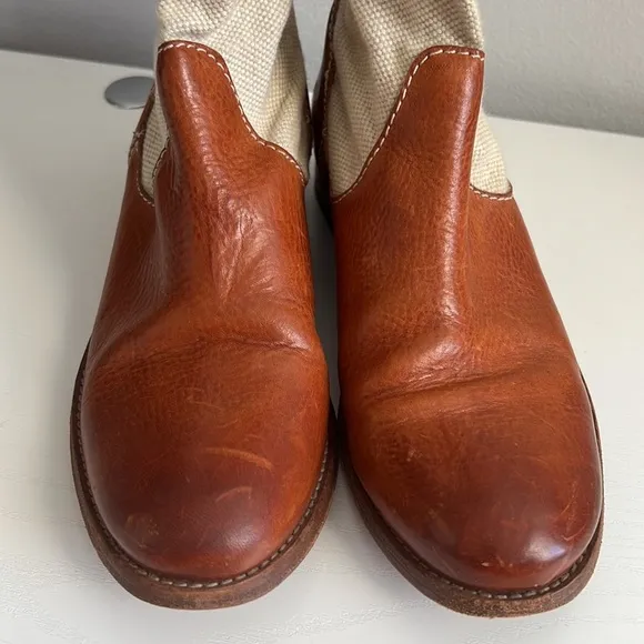 Frye Boots Melissa Canvas Short Pull On Beige Brown Leather Size 5.5