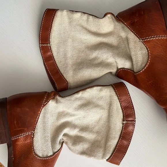 Frye Boots Melissa Canvas Short Pull On Beige Brown Leather Size 5.5