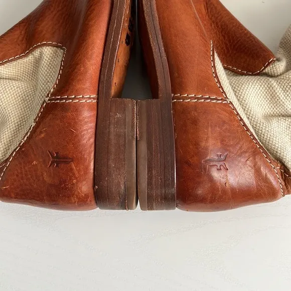Frye Boots Melissa Canvas Short Pull On Beige Brown Leather Size 5.5