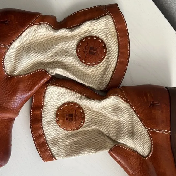 Frye Boots Melissa Canvas Short Pull On Beige Brown Leather Size 5.5