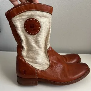 Frye Boots Melissa Canvas Short Pull On Beige Brown Leather Size 5.5