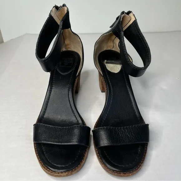 Frye Brielle Black Leather Block Heel Ankle Strap Sandal Shoe 9