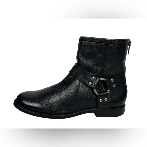 FRYE Womens 7 B Phillip Harness Moto Booties Heel Zip Black Leather Made Mexico