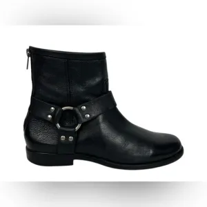 FRYE Womens 7 B Phillip Harness Moto Booties Heel Zip Black Leather Made Mexico