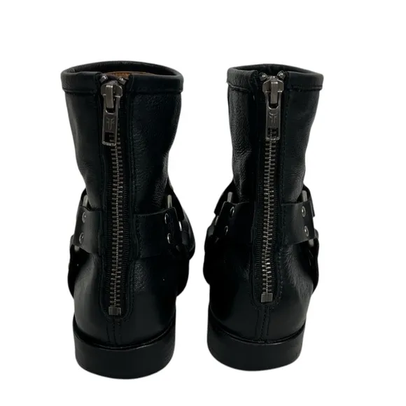 FRYE Womens 7 B Phillip Harness Moto Booties Heel Zip Black Leather Made Mexico