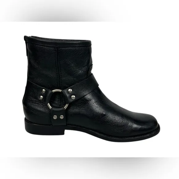 FRYE Womens 7 B Phillip Harness Moto Booties Heel Zip Black Leather Made Mexico