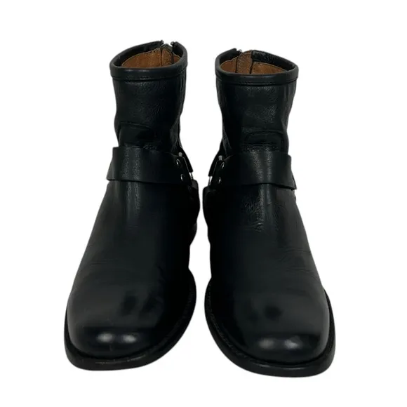 FRYE Womens 7 B Phillip Harness Moto Booties Heel Zip Black Leather Made Mexico
