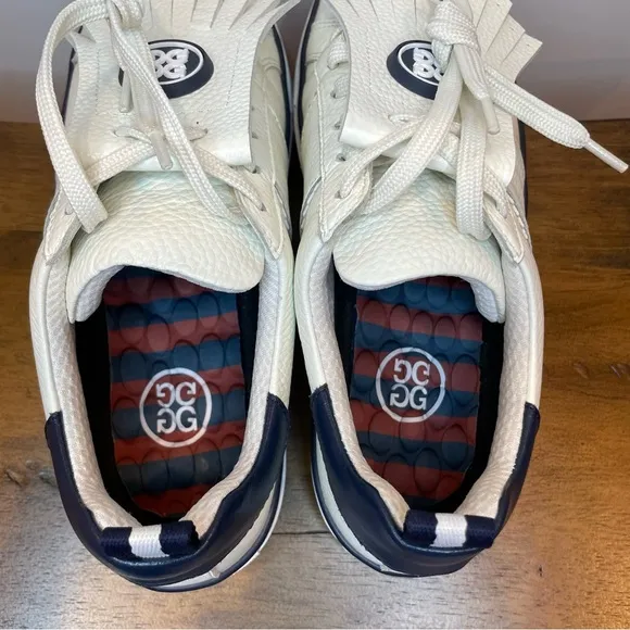 G/Fore | Durf Saddle Stripe Leather Kiltie Golf Shoes - White Navy ; Womens 8