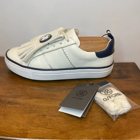 G/Fore | Durf Saddle Stripe Leather Kiltie Golf Shoes - White Navy ; Womens 8