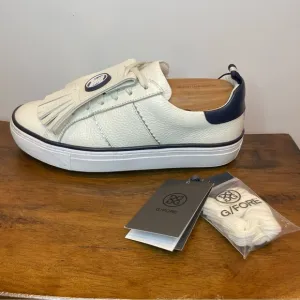 G/Fore | Durf Saddle Stripe Leather Kiltie Golf Shoes - White Navy ; Womens 8