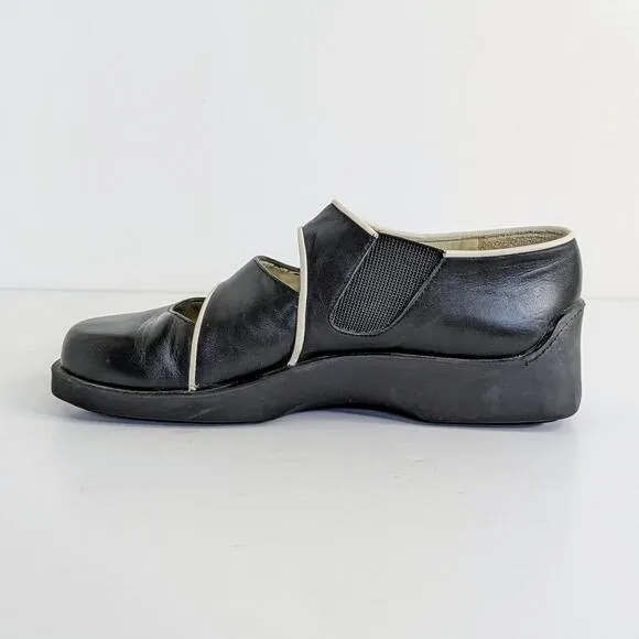 Giraudon Shoes EU 38 Black White Trim Leather Slip On Round Toe Low Heel